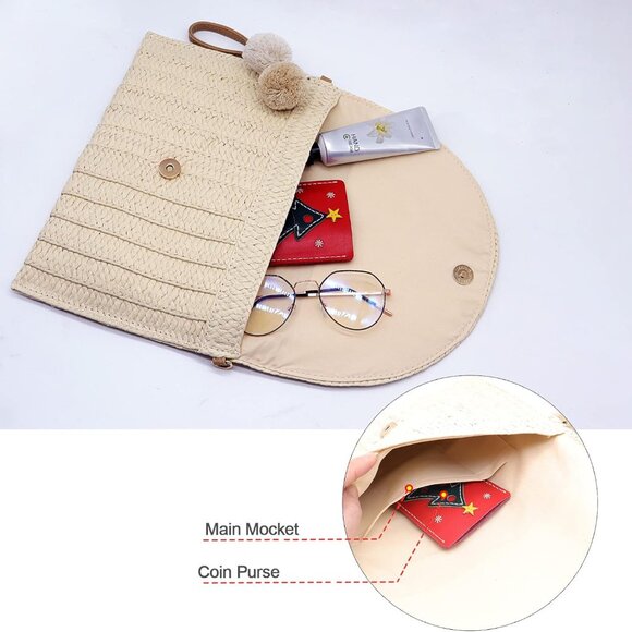 Straw Clutch Bag Woven Purse for Women Shoulder Bag Casual Beach Rattan Handmade - Picture 5 of 6